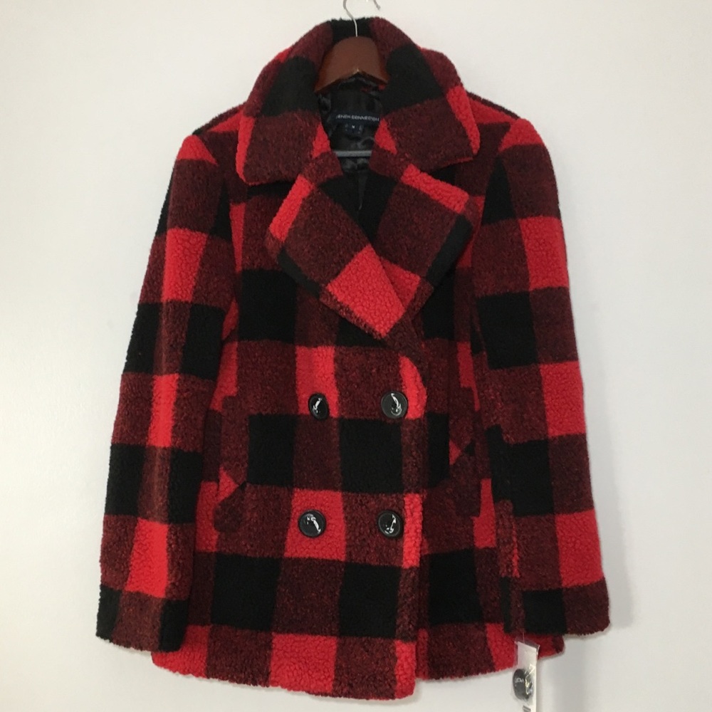 French Connection Plaid Faux Fur Teddy Coat - Picture 3 of 8